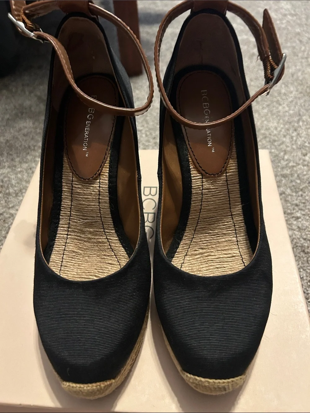 BCBGeneration Women's Black Espadrille Wedge with Brown Ankle Strap